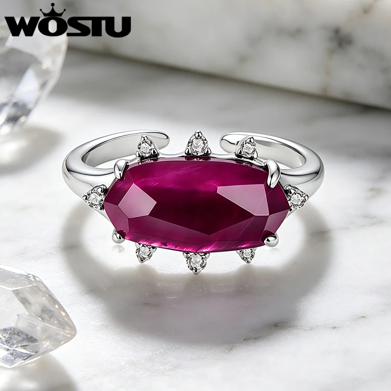 WOSTU Oval Natural Rhodochrosite Tiger's Eye Open Ring , Women Platinum Plated Statement Adjustable Rings Luxury Jewelry Gift