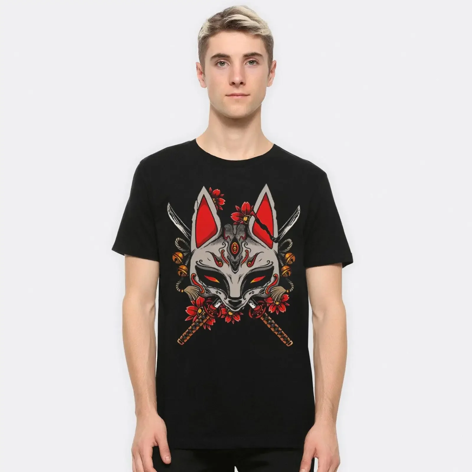 Samurai Kitsune Mask T Shirt Men's and Women's Sizes KTS 88773 vintage Washed Versatile Slightly Top For Everyday Wear homme