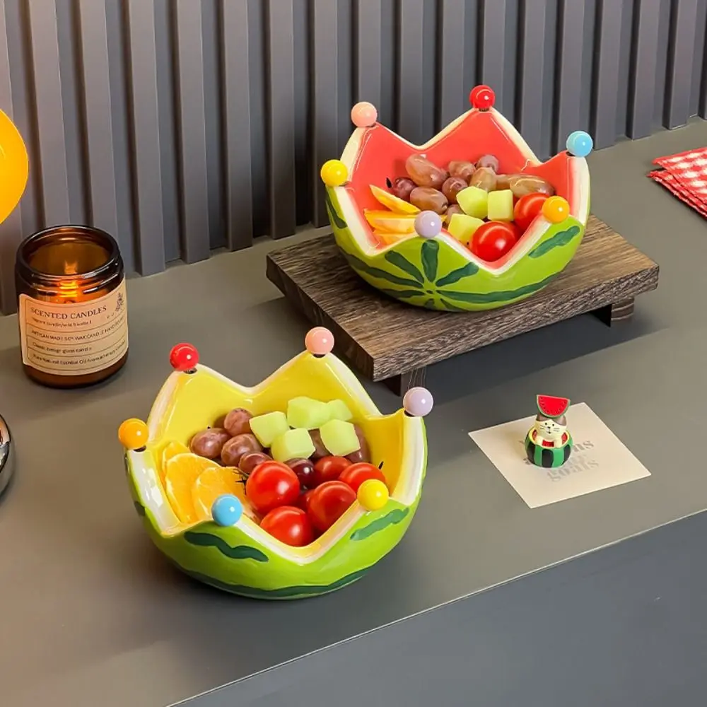

Creative Ceramic Watermelon Shape Fruit Plate Cute Large Capacity Dessert Salad Bowl with Forks Fruit Fork Dish Snacks