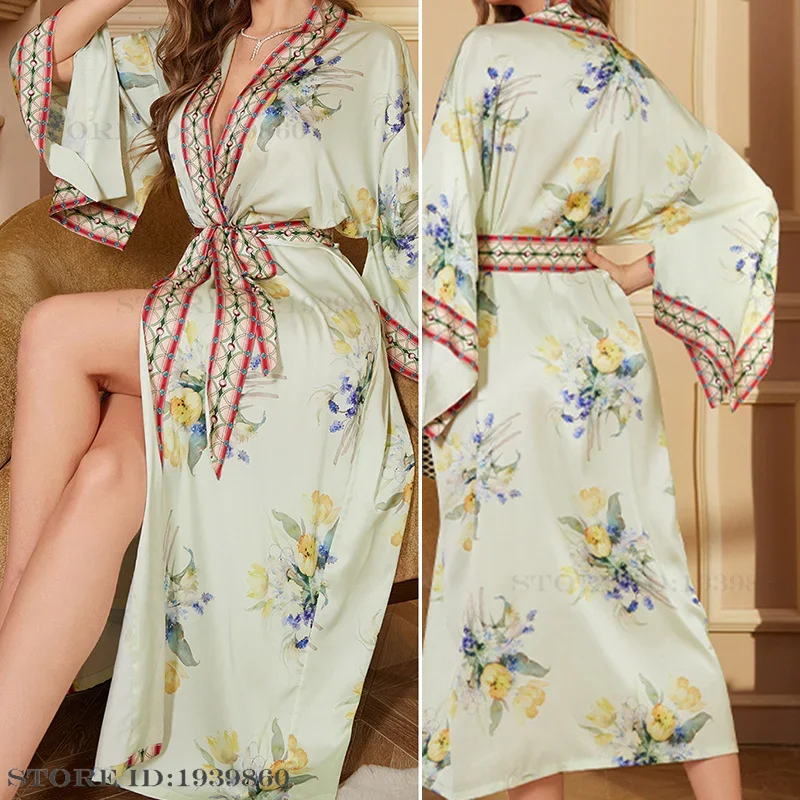 Plus Size Women\'s Long Robe Sleepwear Print Flower Kimono Bathrobe Gown Spring New Night Dress Home Wear Casual Satin Loungewear