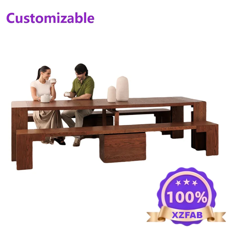 Factory Direct 2026 Medieval style pure solid wood deformation lengthened large long table retractable folding dining table extr