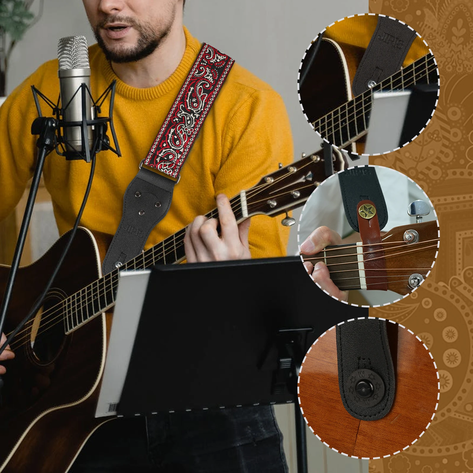 Embroidered Cotton Guitar Strap for Acoustic Guitar, Electric Guitar, and Bass, Adjustable Length  Jacquard Strap with Free Gift