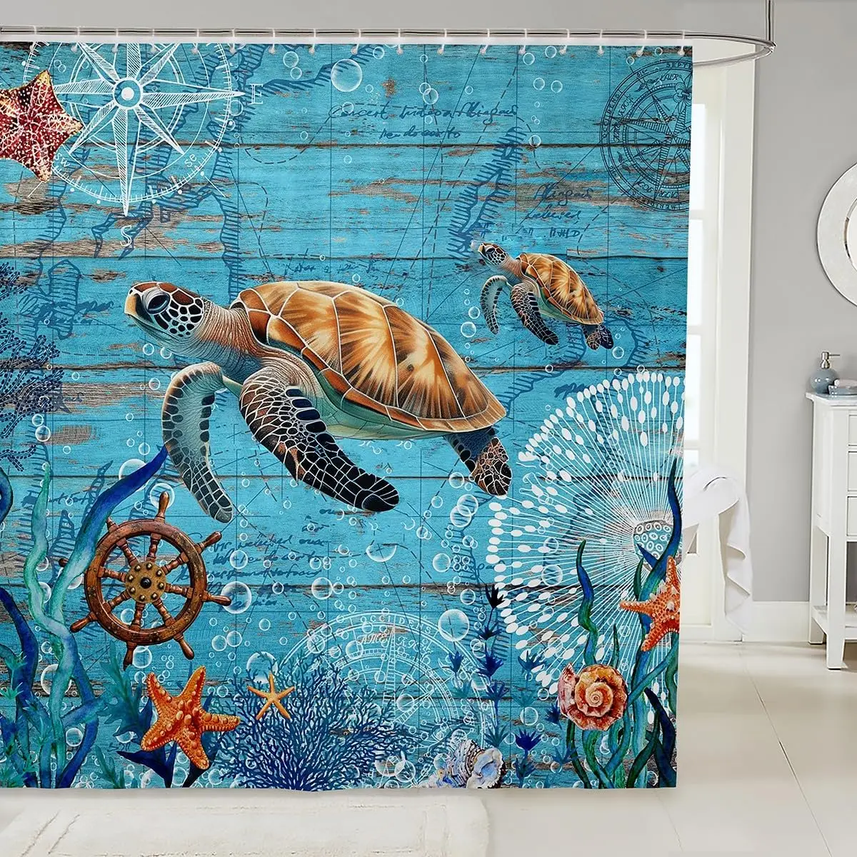 

Занавеска для душа с морскими черепахами, морская тематика, морской декор, искусство морской флоры, пляжный декор для ванной, льняная ткань, 160x200 см