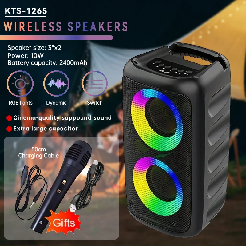 MOKiN Wireless Speakers RGB Light Outdoor Audio System Subwoofer Wired Microphone-dual speakers,2400mAh battery,TWS/AUX/Tf card