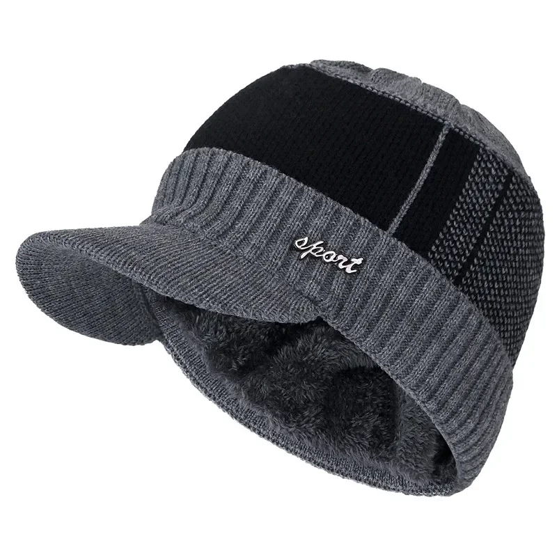 Hot Sale Unisex Warm Winter Hat With Brim Plush Fur Lined Knit Cap Sports Label Thicken Winter Hats For Men