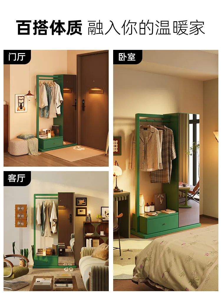 Solid wood coat rack floor-to-ceiling full-length mirror integrated hanging hanger storage rack against the wall