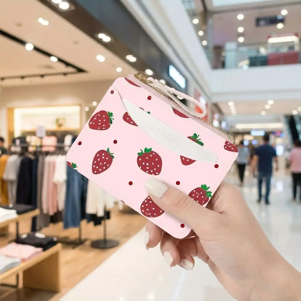Cute Strawberry Print Card Clip Wallet Ultra-thin Lightweight Credit Card Holder Zipper Small Card Case for Women Girls