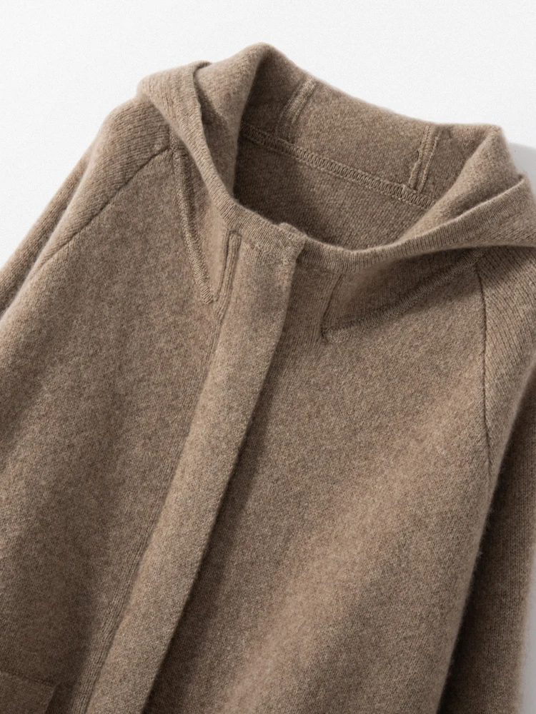 Luxury Women 100% Cashmere Hoodie Long Sweater Coat Loose With Pocket Cashmere Overcoat Autumn Winter Thick Knit Zipper Cardigan