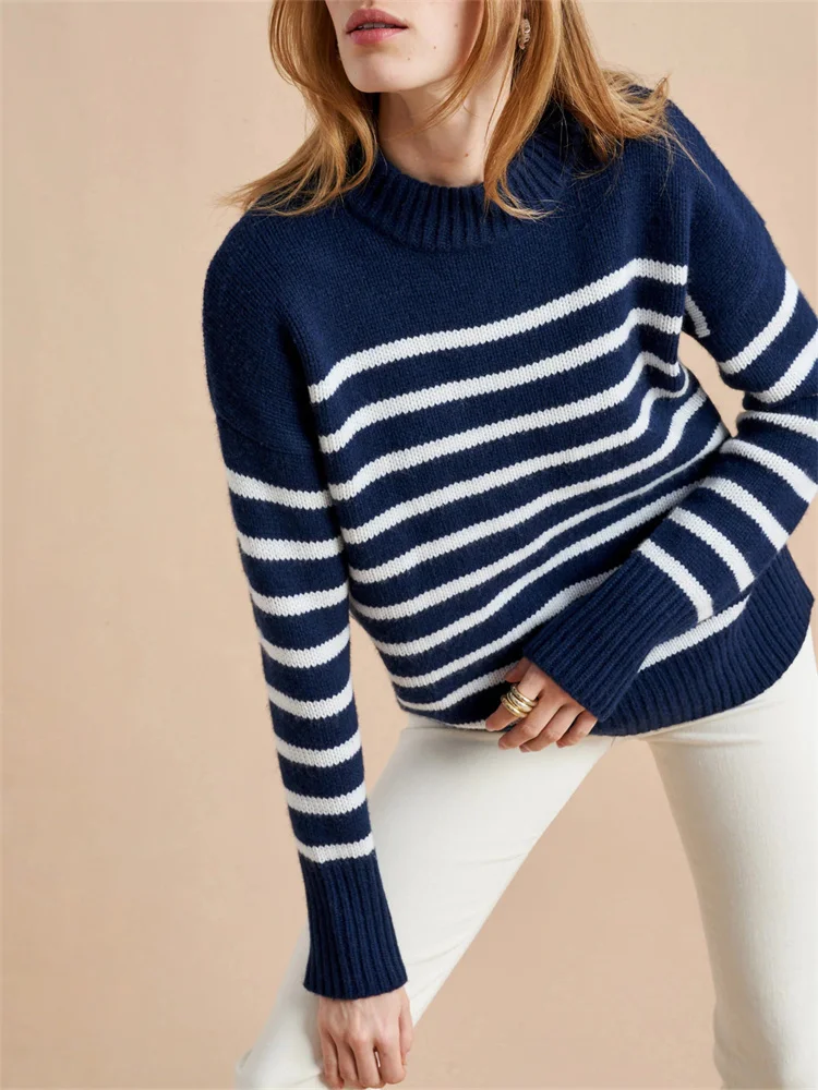 Navy Blue Stripe Knit Sweater Long Sleeve Drop Shoulder Knitting Pullovers Women Knitwears Tops Autumn Winter Knitted Sweaters