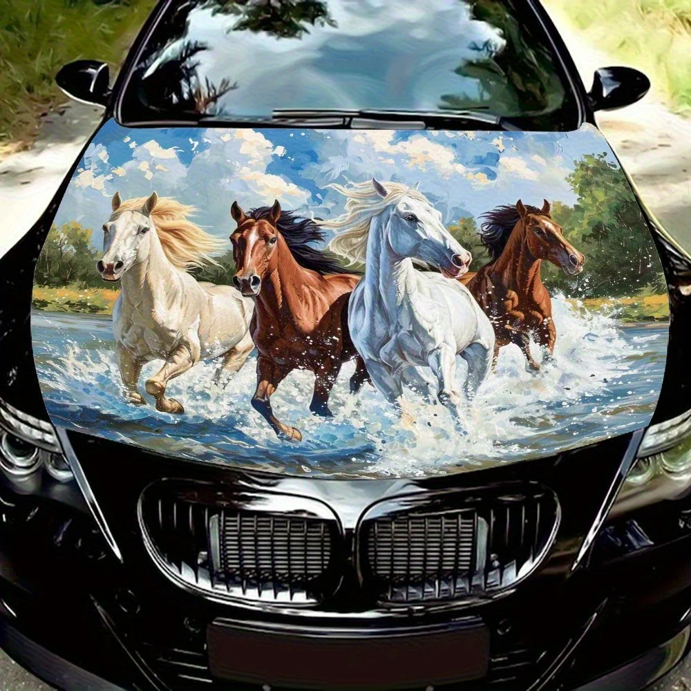 

Herds Of Horses Running On The River Vinyl Wrap - Waterproof, Wear-Resistant, High-Quality Car Hood Sticker For BMW & All Types