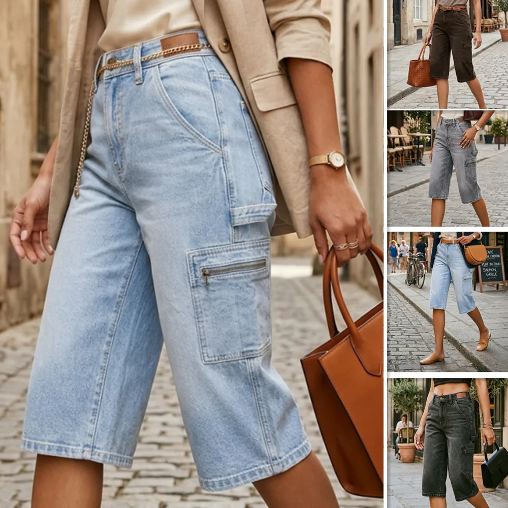 Women Denim Pant Jeans Wide Leg Mid Length Pants Vintage High Waist Straight Trousers Y2k Streetwear Elegant Work Casual Loose