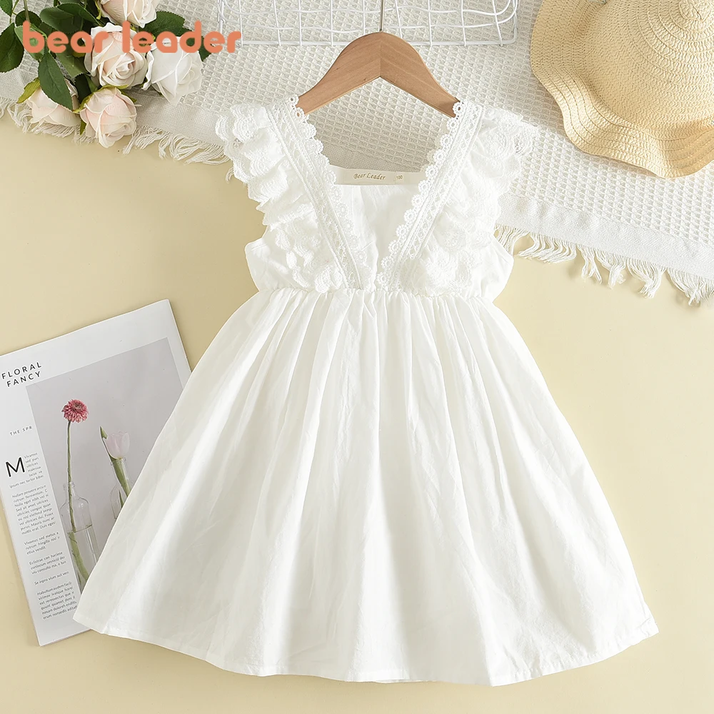 Bear Leader Kids Girls Dresses 2022 New Summer Lace Princess Dresses Children Solid color Clothing Baby Wedding Party Vestidos