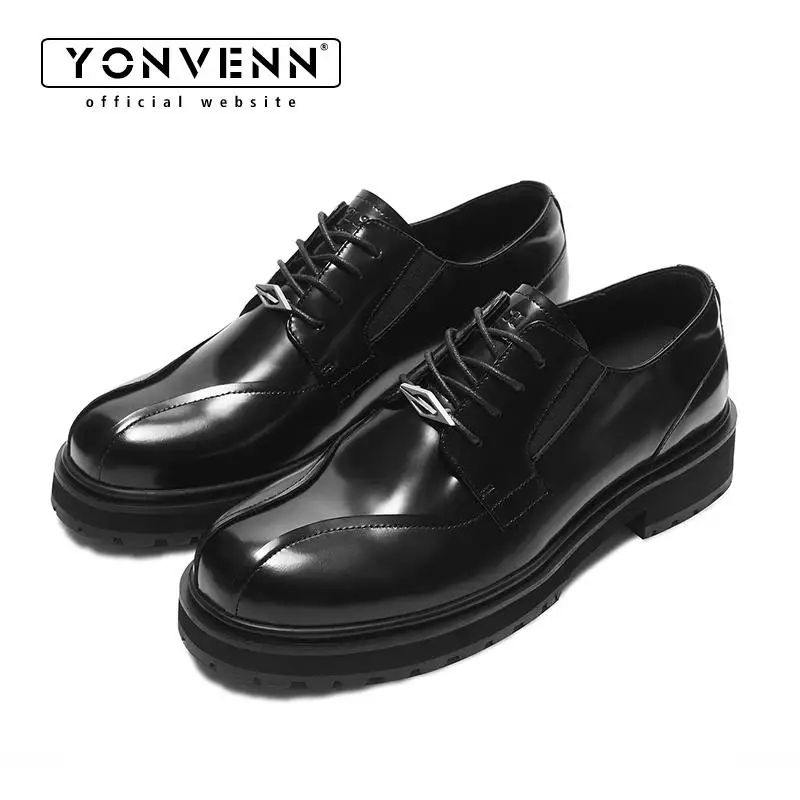 Round headed double piece flying edge structure Derby leather shoes men's high-end shiny surface daily commuting height increase