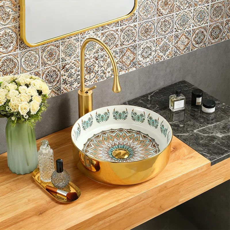 

Элегантная керамическая раковина, круглая керамическая раковина с рисунком - идеально подходит для современной ванной комнаты, подходит для гардеробных, туалетных столиков и ванных комнат