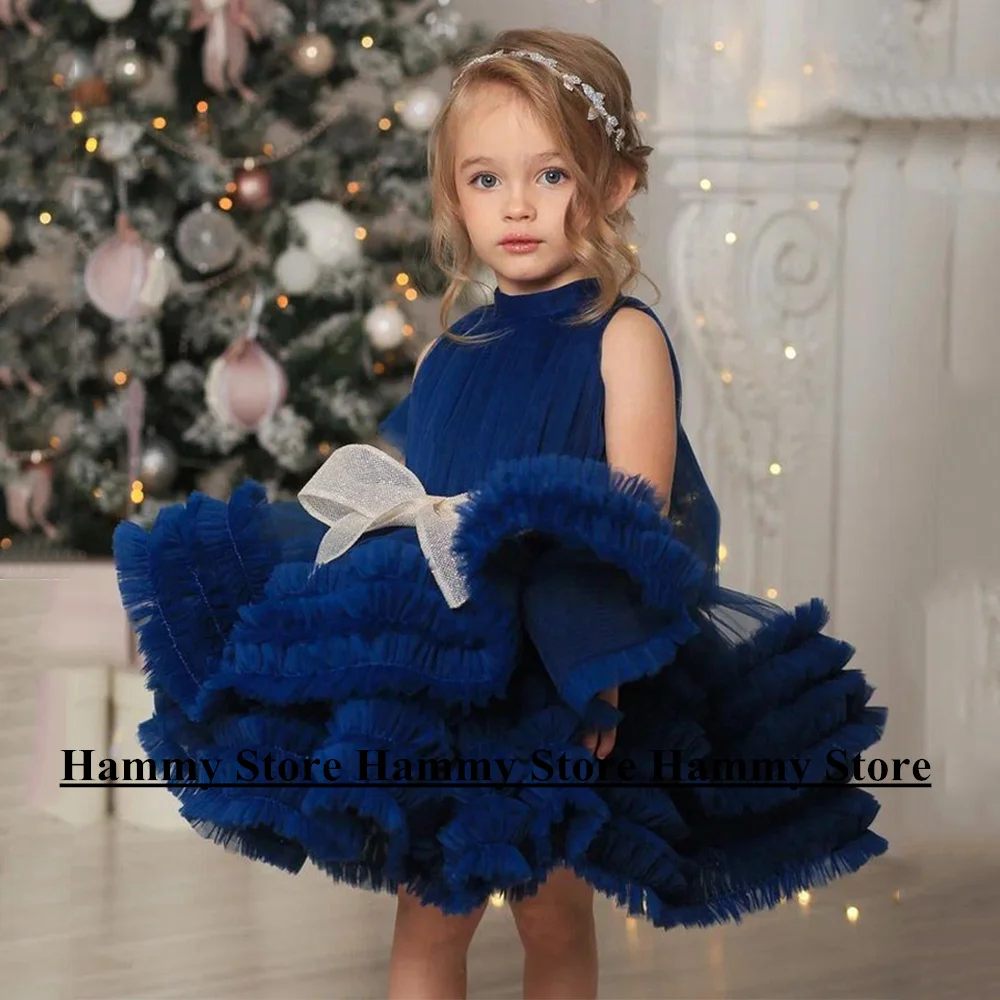 

Dark Blue Flower Girl Dress High Neck Sleeveless Pleat Shinny Bowtie Ruffles Ball Girls Communion Gown Christmas Party Dresses