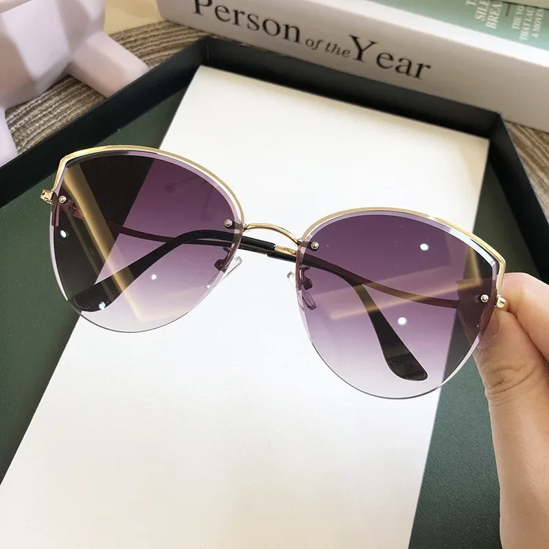 

Women's Oval Cat Eye Sunglasses Lady Metal Rimless shades Luxury Sunglasses Female Driving Glasses Zonnebril Dames