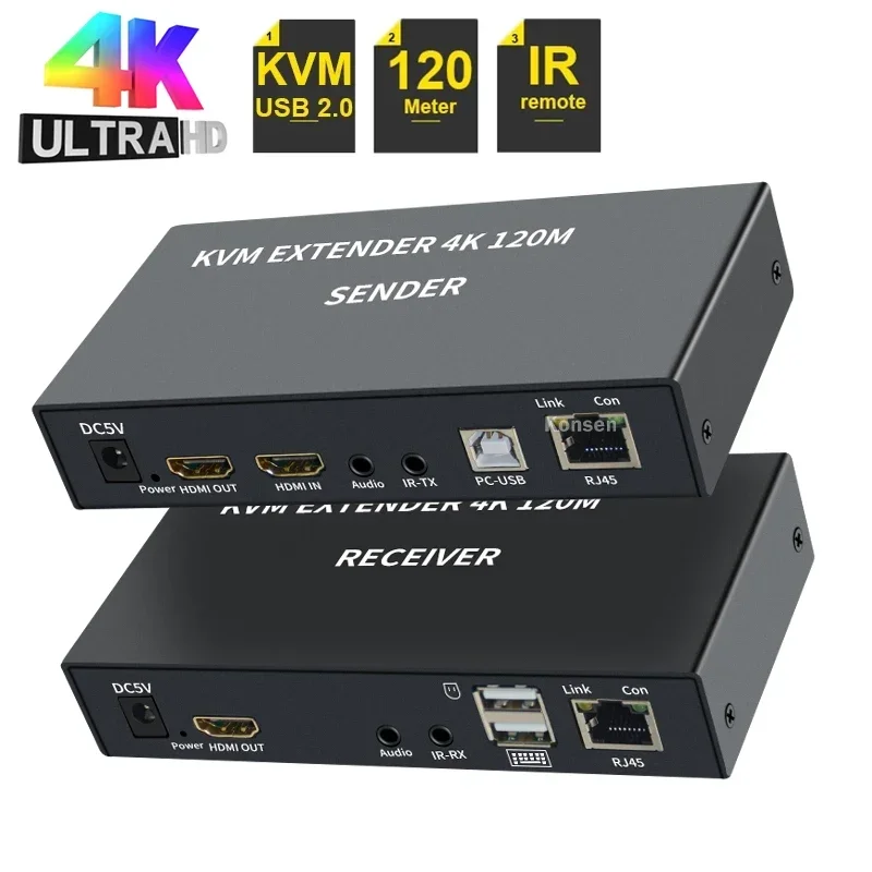 4K 120M HDMI KVM Extender over Cat5e/6 Rj45 Ethernet Cable HDMI USB Extender with Loop-out Audio IR Support USB Keyboard Mouse