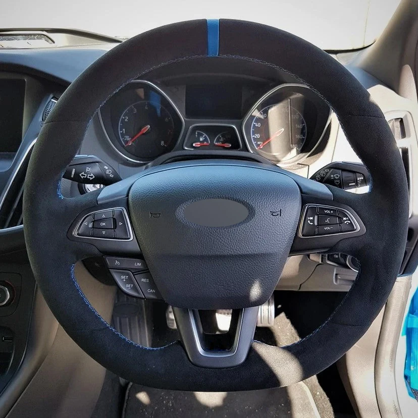 Alcantera Steering Wheel Cover Real Leather Blue Thread Blue Stripe Car Accessoires for Ford FOCUS RS ST ST-LINE ESCAPE ECOSPORT