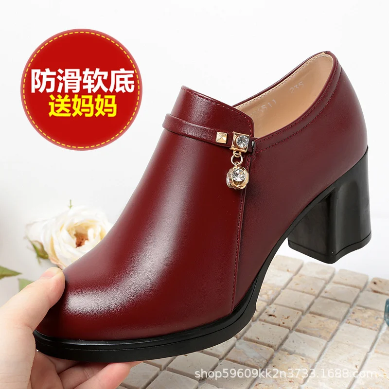 Autumn Women Fashion Anti-slip Platform Pumps Shoes Round Toe Zipper Mid Heels Comfort Soft Bottom Pu Leather Shoes