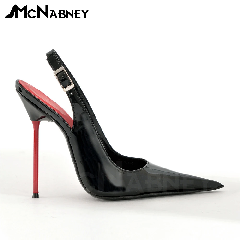 Black Patent Leather Slingback Pumps Pointed Toe Sexy High Heels Slip On Fashion Style Pumps Thin Red Lacquered Metal High Heels