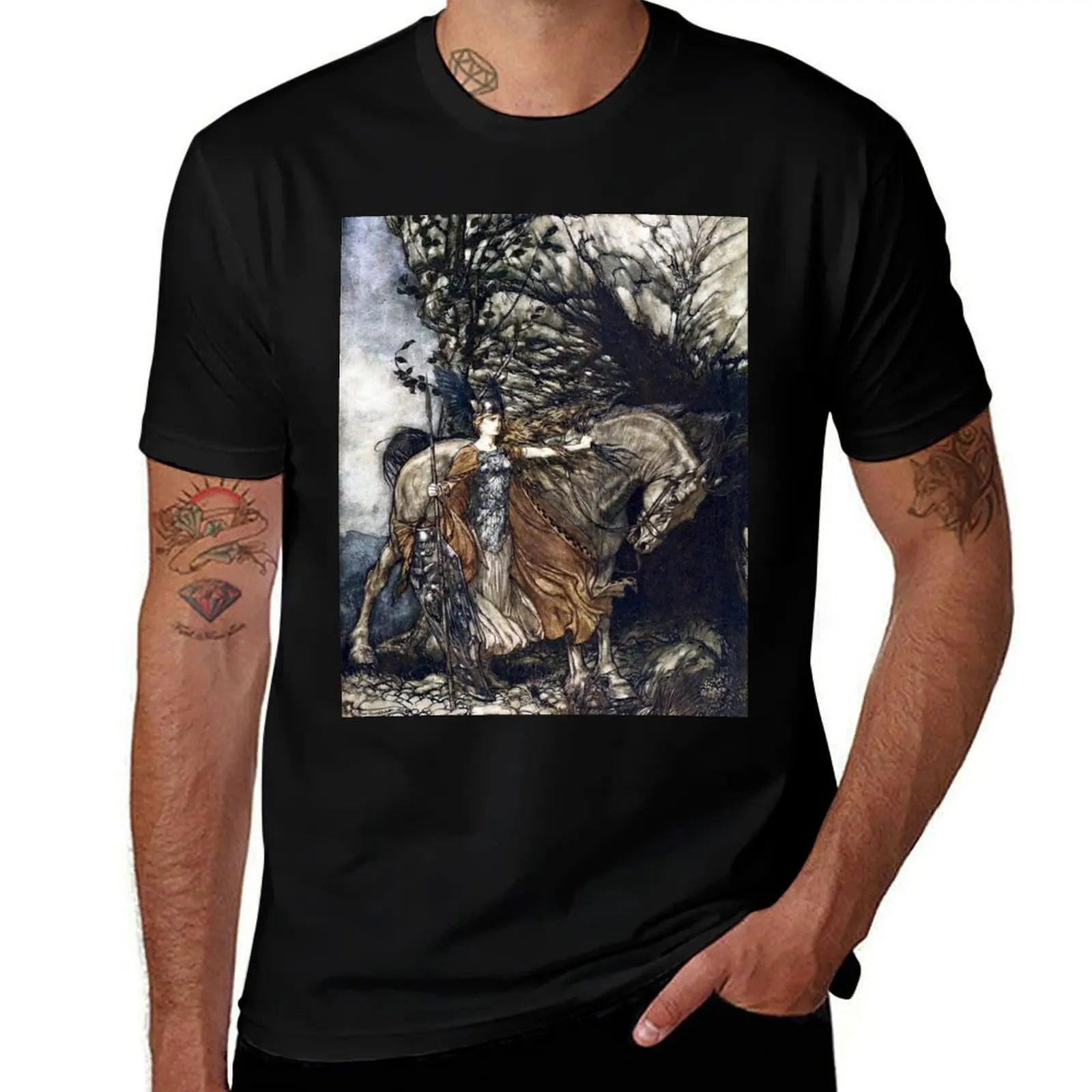 

Brunhilde with her horse at the mouth of the cave - Rhinegold and the Valkyries by Arthur Rackham T-Shirt