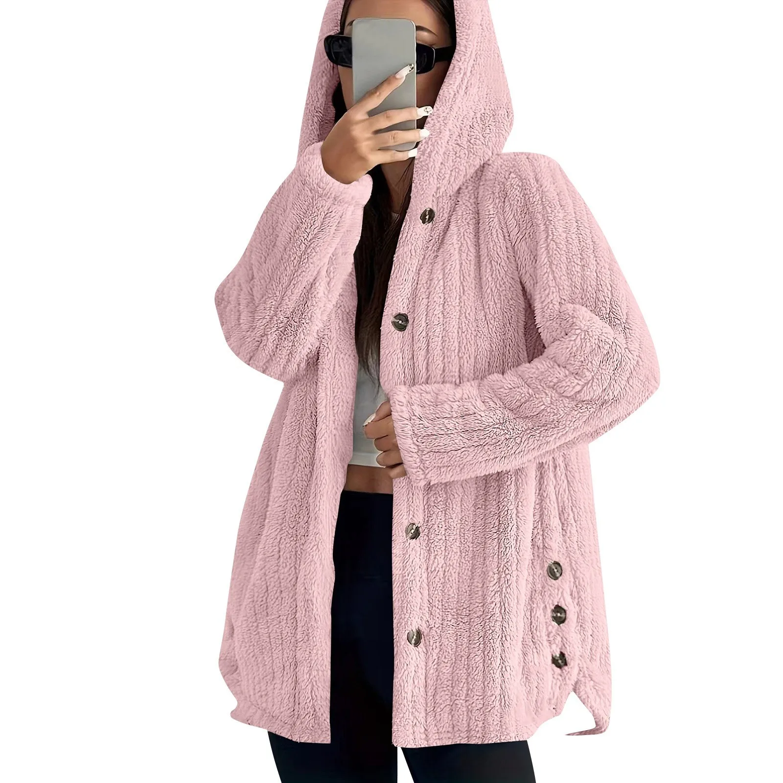 Button Hooded Jacket Plush Top Irregular Trendy Brand Solid Color Jacket For Women Feather Coats Parkas Women'S Coat Winter Jack