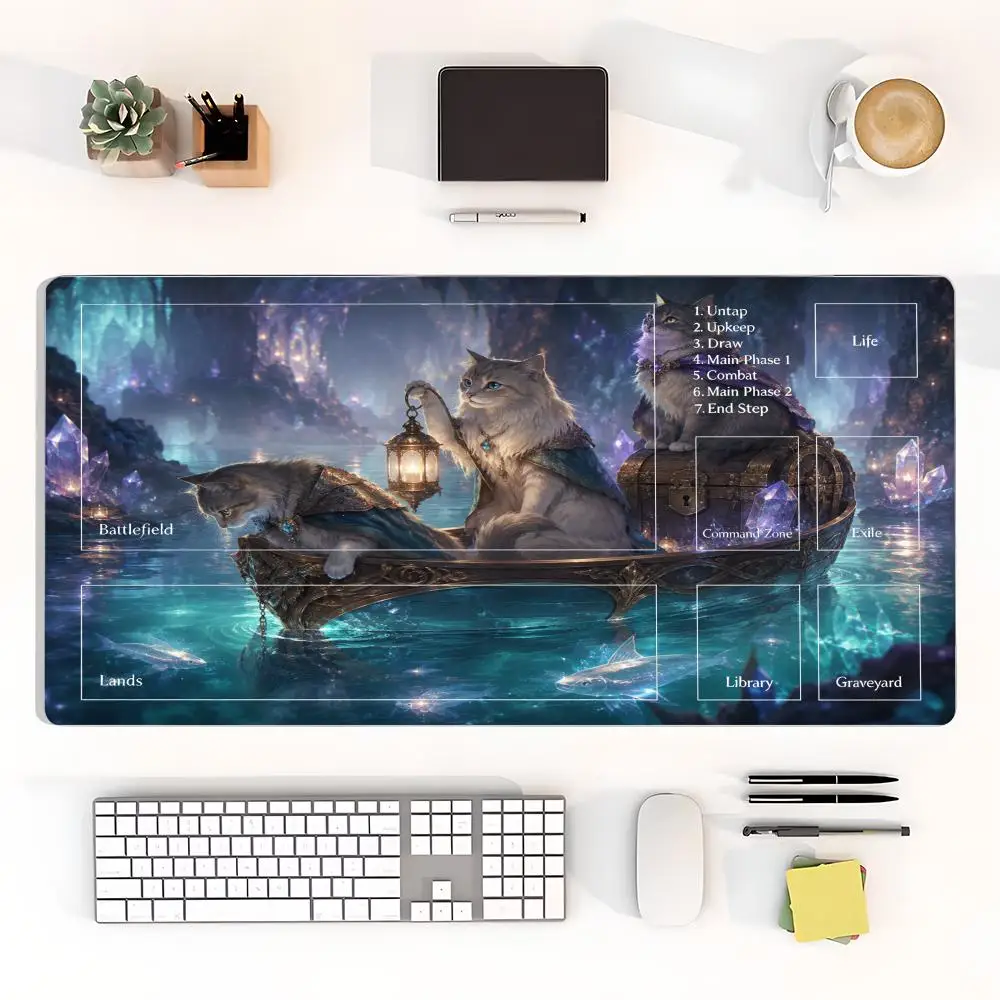 Game mouse pad with twin siamese cats under full moon castle beautiful Anime art perfect game mat for laptop office desktop