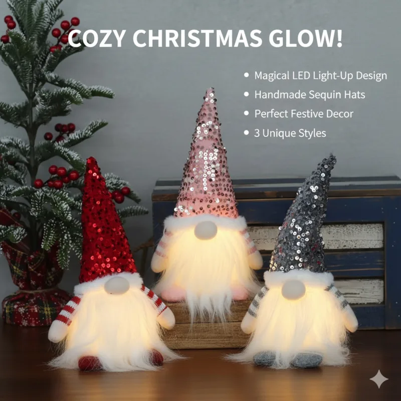 

Christmas Fun Sequin Faceless Santa LED Light Up Gnome Doll Holiday Table Ornament Glitter Decoration Xmas Home Party Gifts New