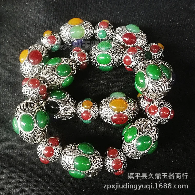 Tibetan-Style , Miao Silver Inlaid , Necklace, Jewelry, Jade Bracelet