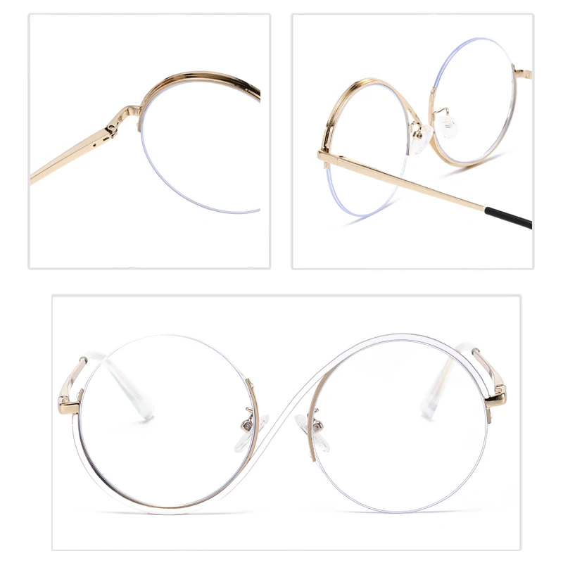 ラウンドパーソナリティフレーム抗青色光メガネモダンな金属スプリングヒンジ付きメガネ