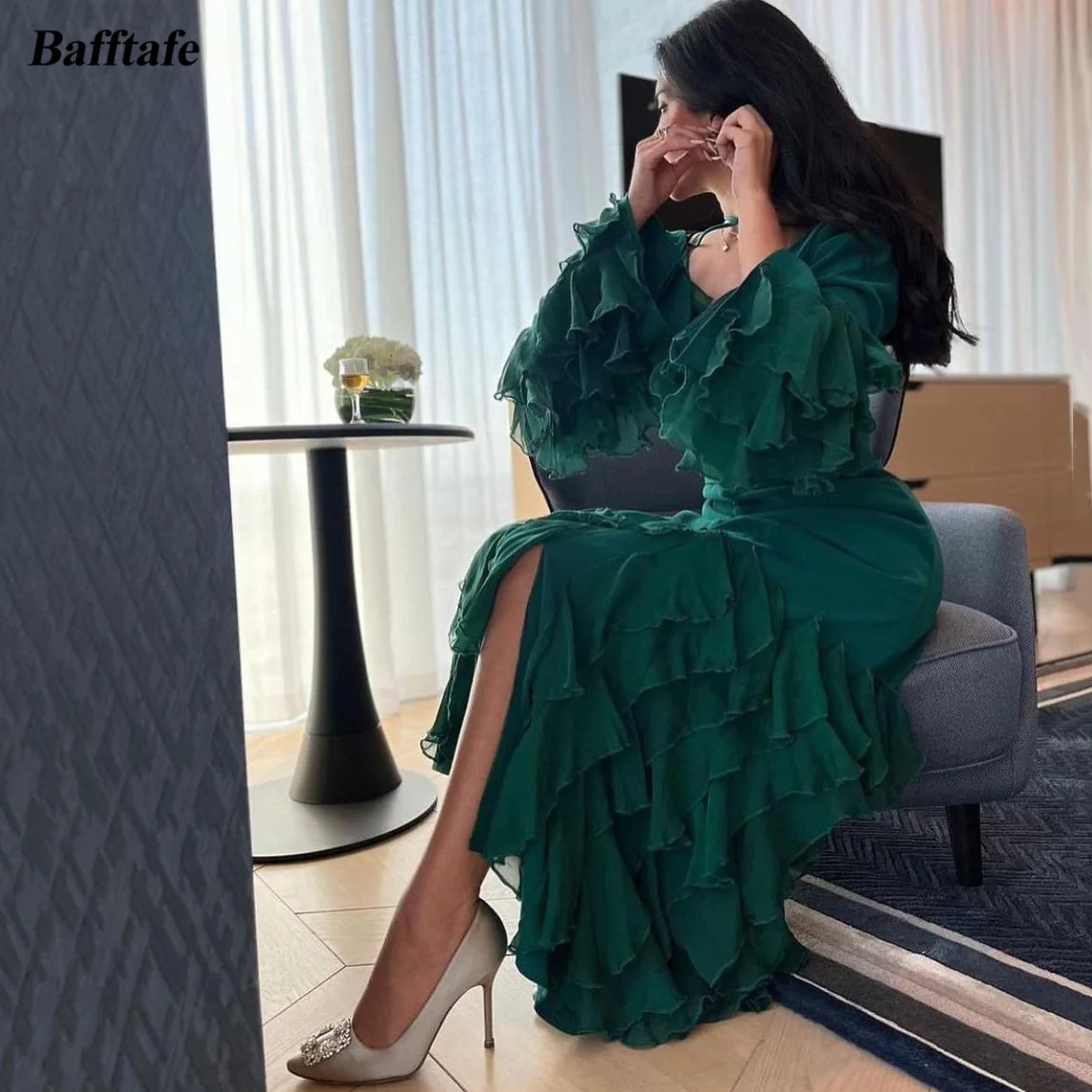 

Bafftafe Green Chiffon Sheath Formal Party Dresses Arabic Tiered Long Sleeve Women Prom Gowns Special Occasion Evening Dress