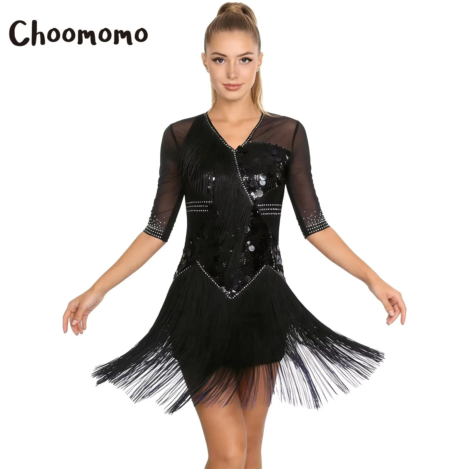 

Womens Latin Cha-cha Dance Dress Ballet Jersey Rhinestone Tiered Tassel Half Sleeve Dress Shiny Sequin Tango Salsa Performances
