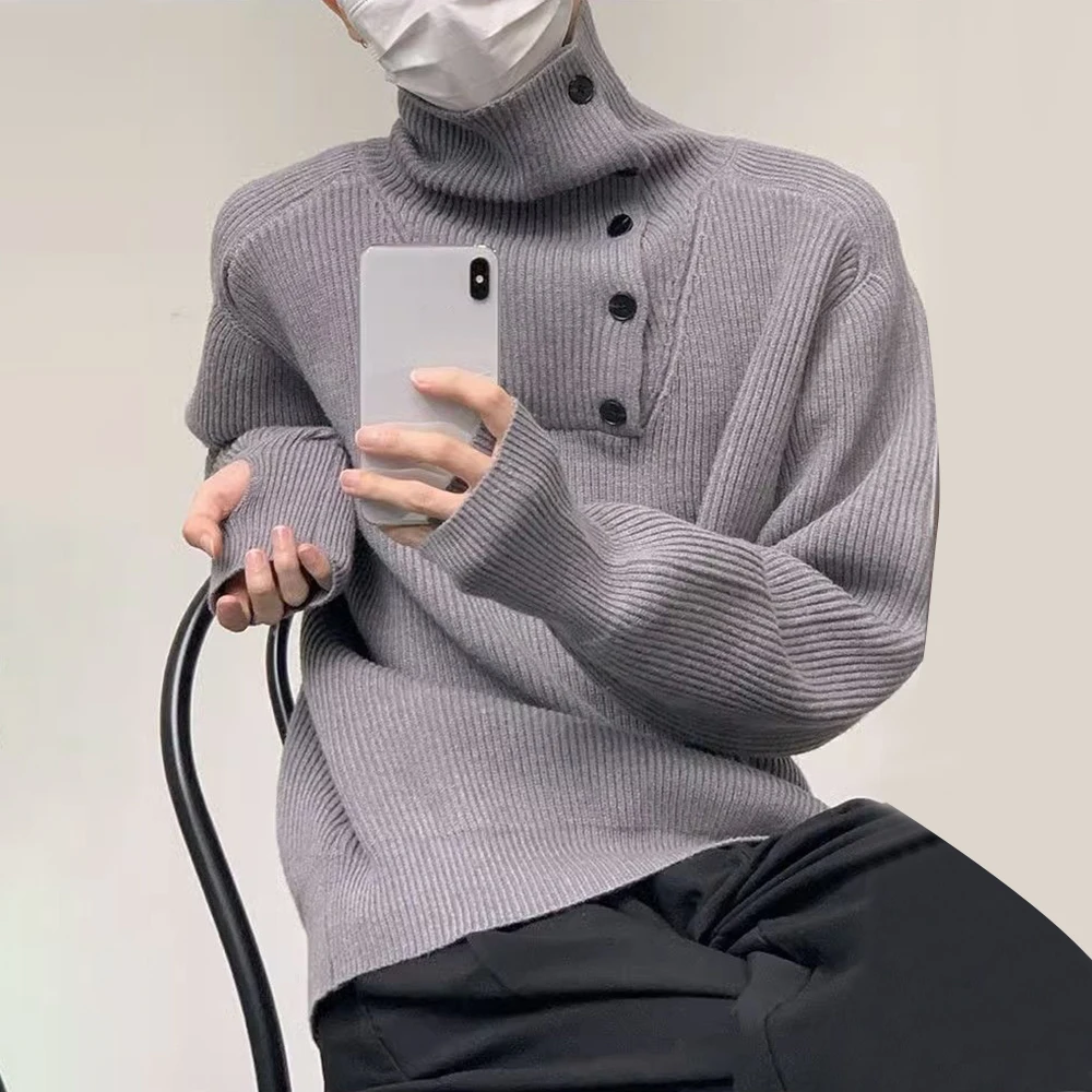 Mens Autumn Winter French Loose Turtleneck Buttoned Knitted Sweater Essential Solid Color Simple Lazy Style Knitted Sweater