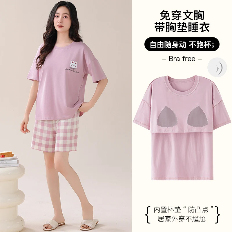 Big Size M-5XL Summer Pajama Sets Women Modal Home Wear Female Short Sleeve Pyjamas With Chest Pad