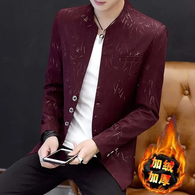 

2026 Мужской бронзовый принт, тонкий воротник-стойка, повседневный пиджак