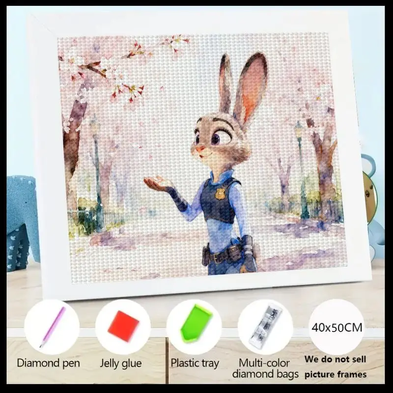 

1PC 5D DIY Full Drill Diamond Painting Kit for Adults & Kids, Zootopia Judy Hopps Cartoon Police Rabbit Character in Cherry Blos