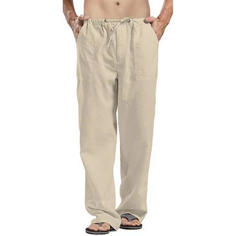 Men's Linen Loose Drawstring Pants Summer Breathable Casual Solid Color Trousers Youth Fashion Street Straight Pants