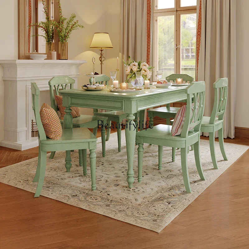 American-Style Solid Wood Retro Green Dining Table and Chair Rectangular French Retro Ash Dining Table