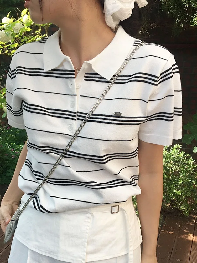 

Summer Faion Unique Striped Knit irt Women's Collar ort Sve Polyester Fiber Pure Color Commute Sle Top