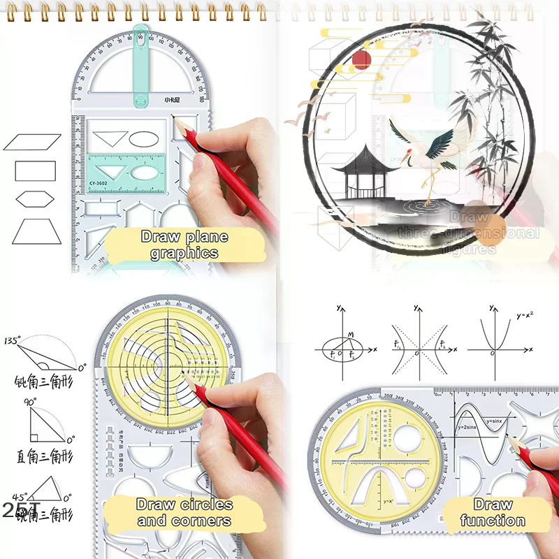 For School Multifunctional Primary School Activity Drawing Geometric Ruler Triangle Ruler Compass Protractor Set Measuring Tool