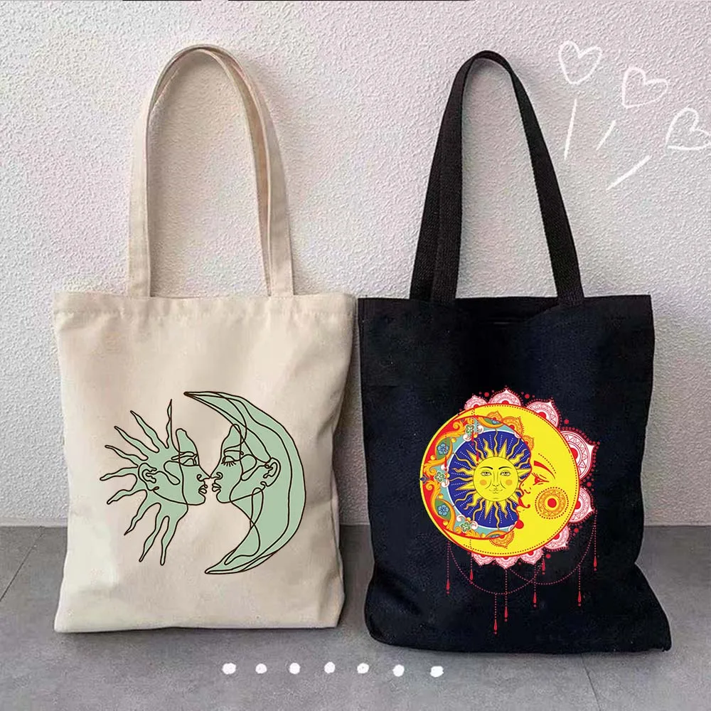 Vintage Mystical Celestia Solar Eclipse Sun and Moon Goddess Stars Abstract Line Drawing Canvas Tote Bag Cotton Shopper Handbags