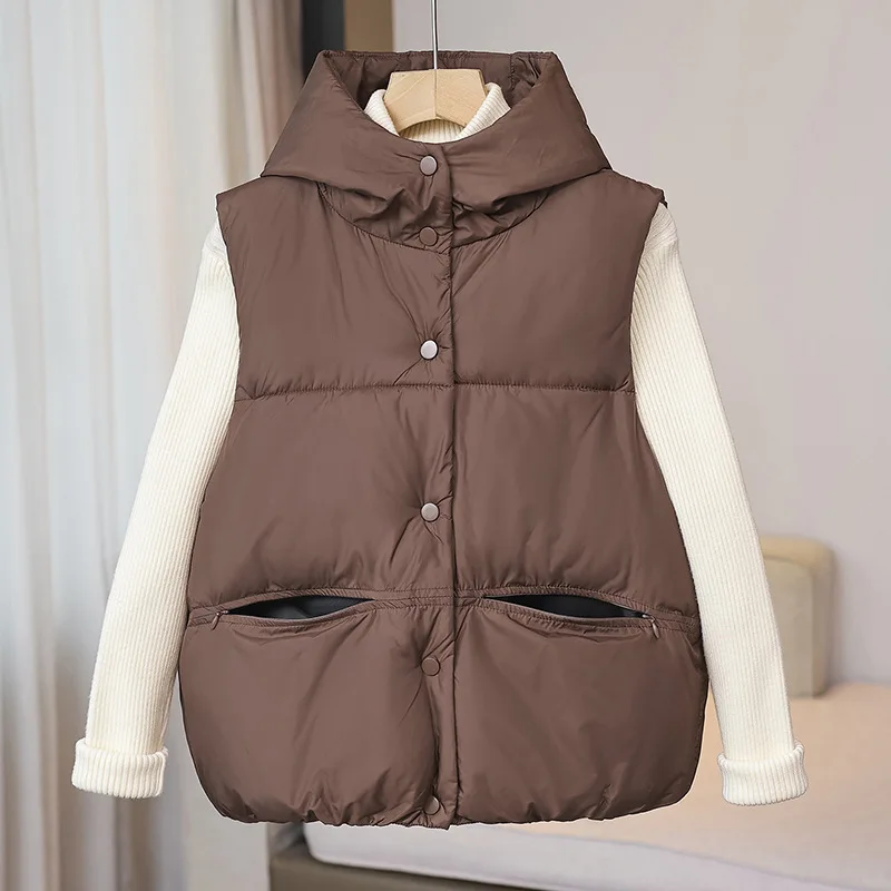 Autumn Winter Down Cotton Vest Women Warm Hooded Sleeveless Jacket Casual Tops Solid Coats Street Female Waistcoat Outerwears
