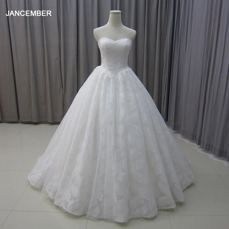 

Jancember High Quality Strapless Wedding Dresses Backless Bride Gowns Lace Appliques Sweep Train Ball Gown Vestido De Noiva