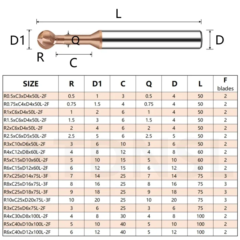 WOY Tungsten Coated Lollipop Ball Cutter Alloy for Aluminum Arch Ball End Milling Cutter Forming Milling  RBall Cutter R0.5-10