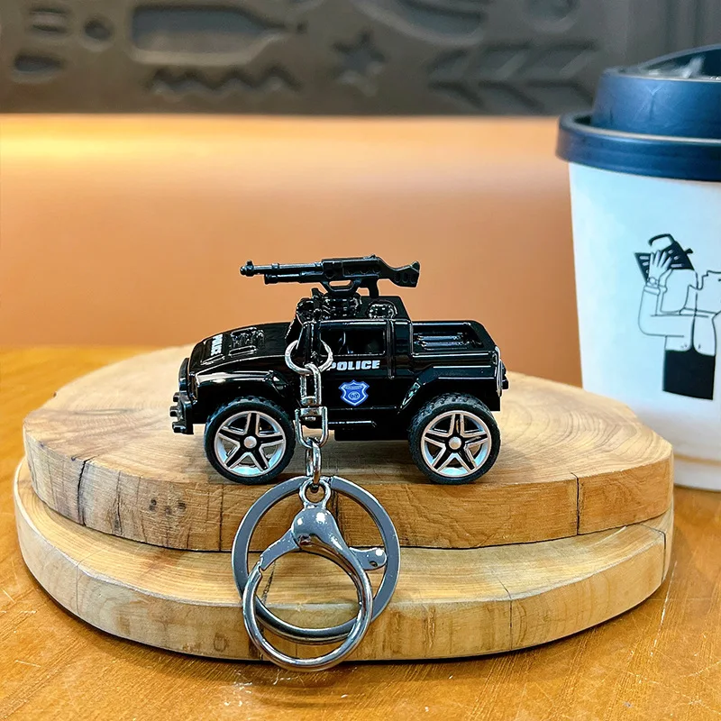 Creative Military Police Car Toy Keychain Pendant Simulation Tank Car Fun Pull Back Car Stress Relief Toy Bag Hanging Small Gift