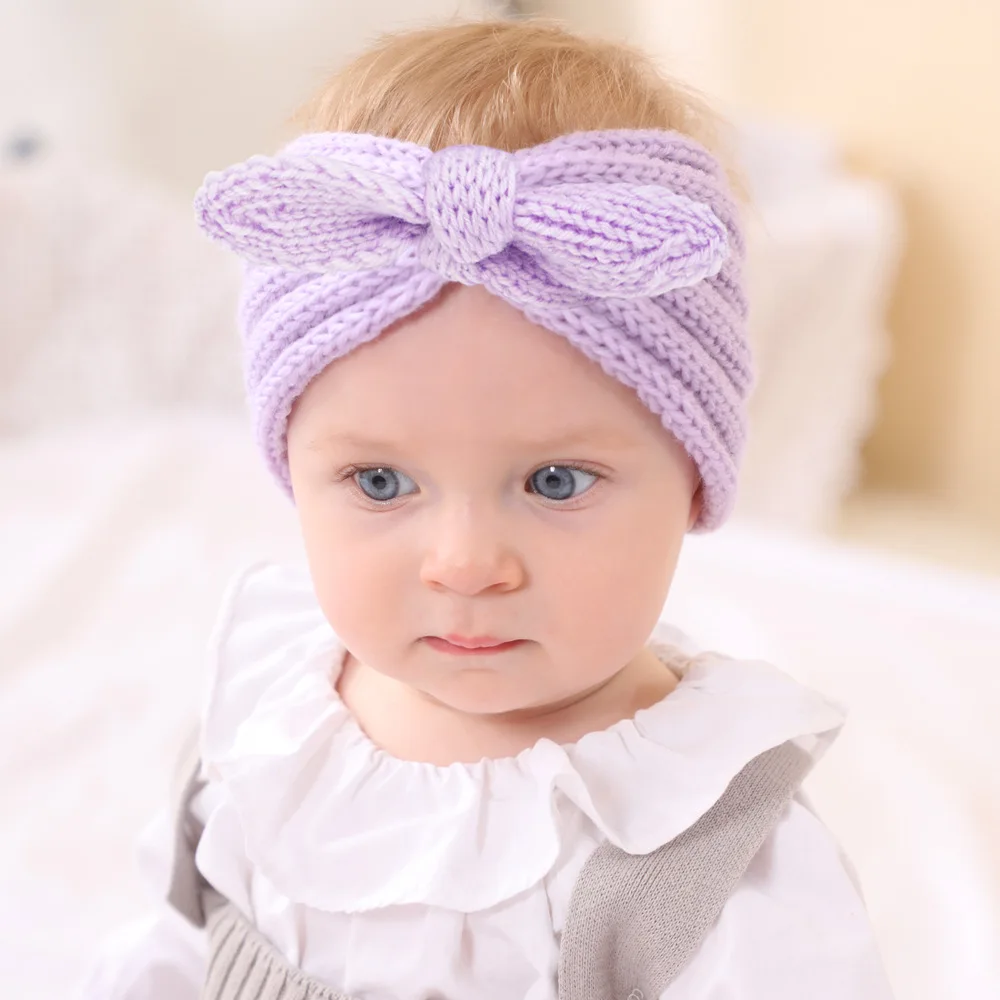 European  American autumn winter children\'s wool headband baby solid color rabbit ear elastic knitted headband color thickened