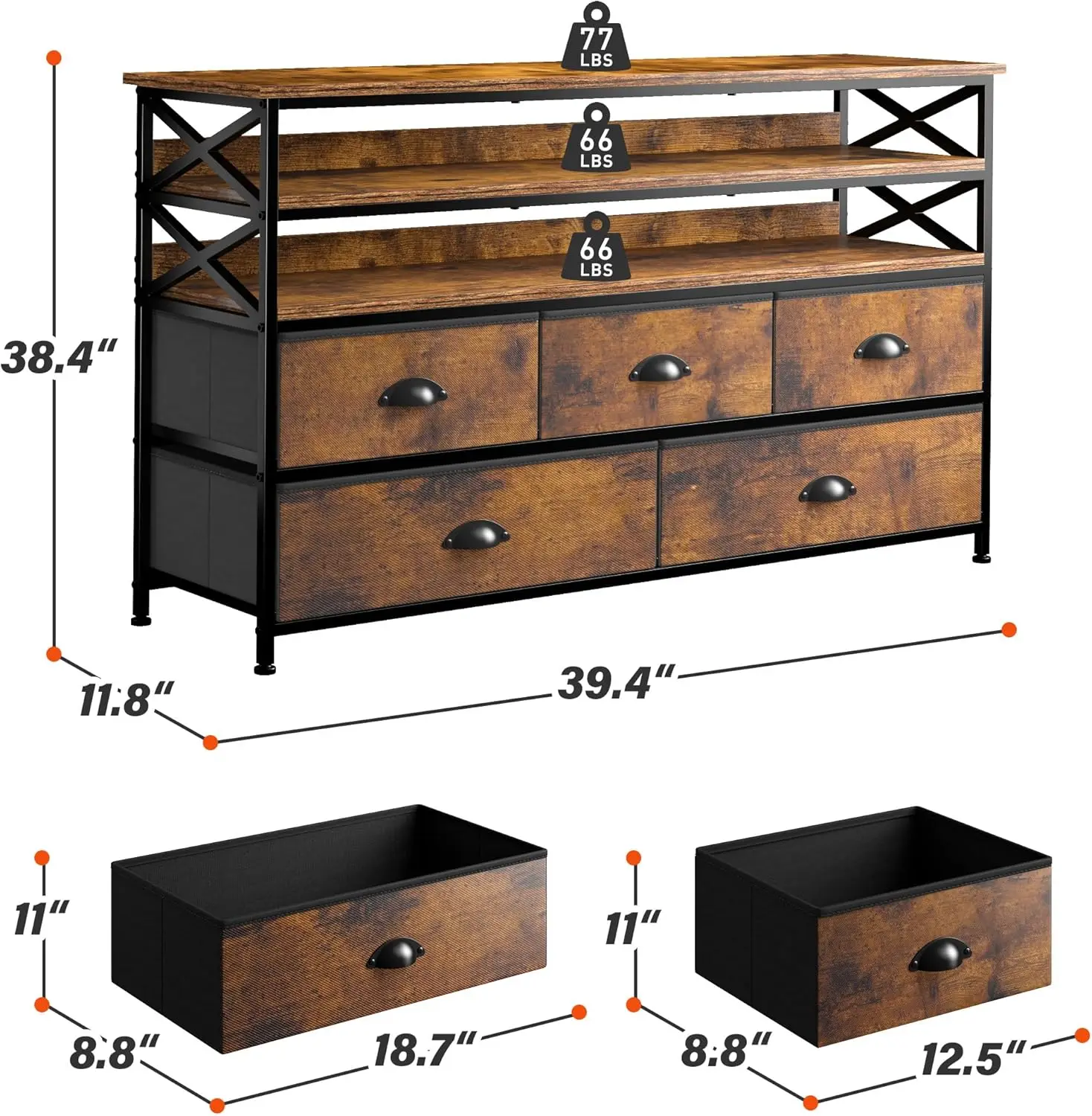 Dresser TV Stand Entertainment Center with Fabric Drawers Media Console Table with Wood Open Shelves for 55" TV Storage Drawer