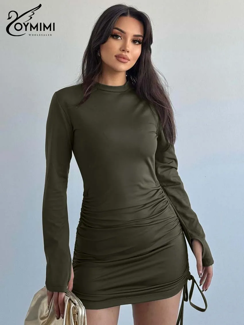 

Oymimi модные зеленые женские платья с круглым вырезом, элегантные тонкие платья на шнуровке с длинными рукавами, повседневное новое однотонное мини-платье, женская одежда