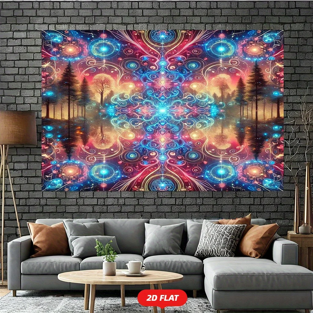2D Flat, 1pc Psychedelic Glowing Dream Forest Lights Tapestry - Self-Lit UV/Blacklight Reactive Wall Hanging for Parties, Home &