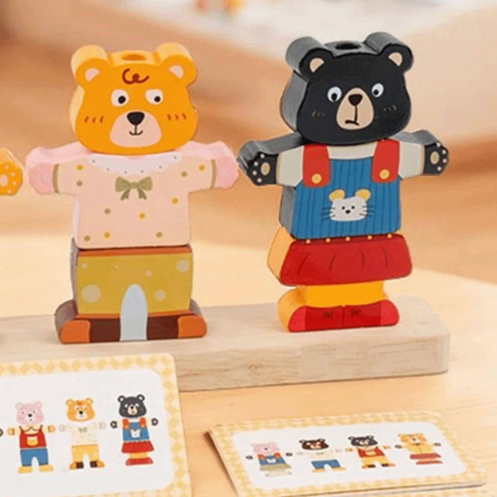 Creative Children's Color Sorting Toys Colorful Bear Shaped Wooden Stacking Block Interactive Dress Up Block